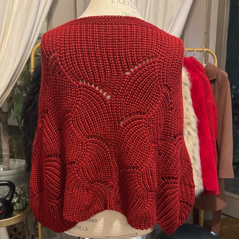 Women’s Dark Red Knit Sweater Poncho Knit Top Casual Dressy Shrug Shirt One Size - Picture 6 of 11